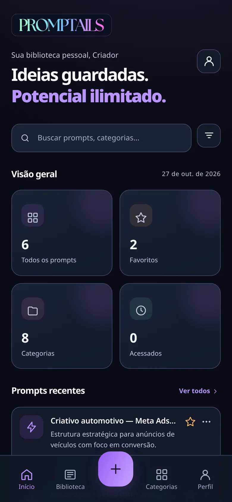 Tela inicial real do aplicativo Promptails